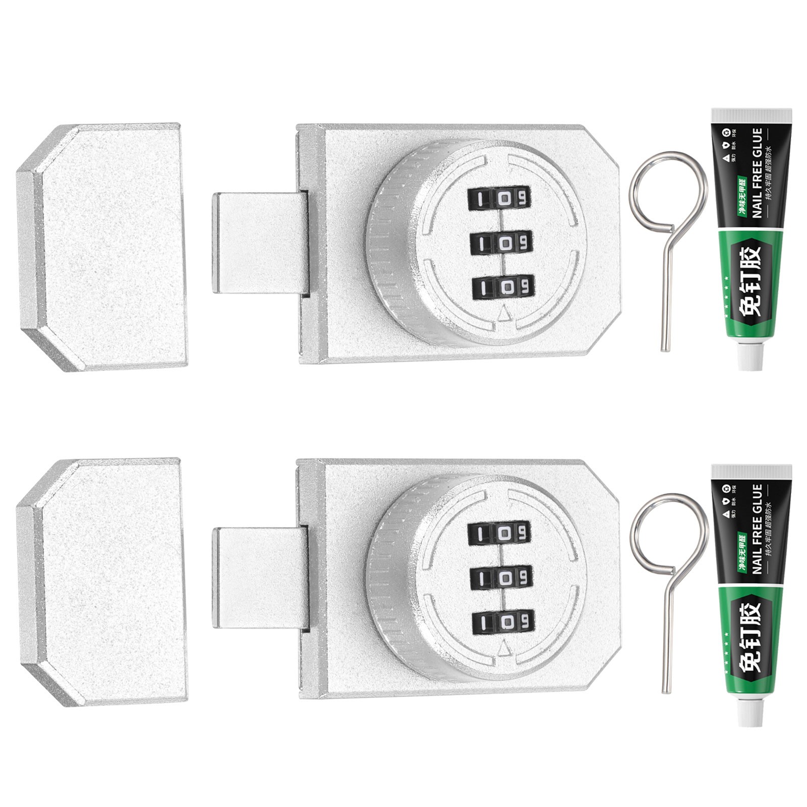2 Pcs Adhesive Combination Cabinet Latch Keyless Password Lock with Glue Silver