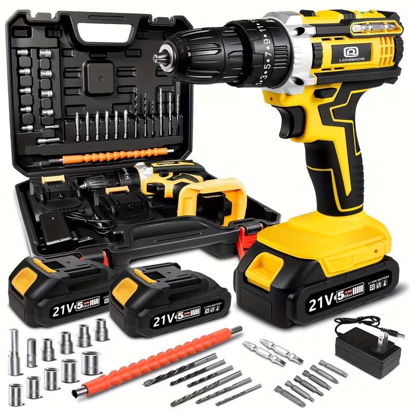 21V Cordless Hammer Drill Set Electric Impact Driver Screwdriver & 1/2 Battery