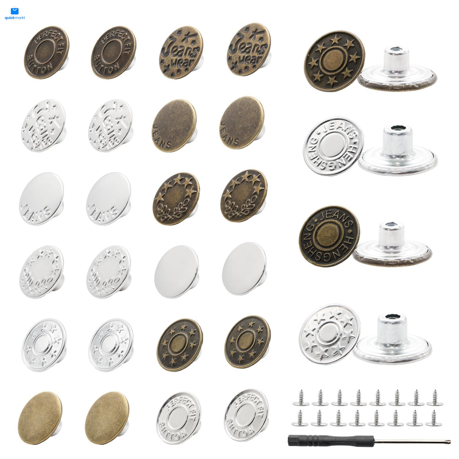 Lilaly 32 Sets 16 Styles Jean Button Replacement, 17mm and 20mm No-Sew 1