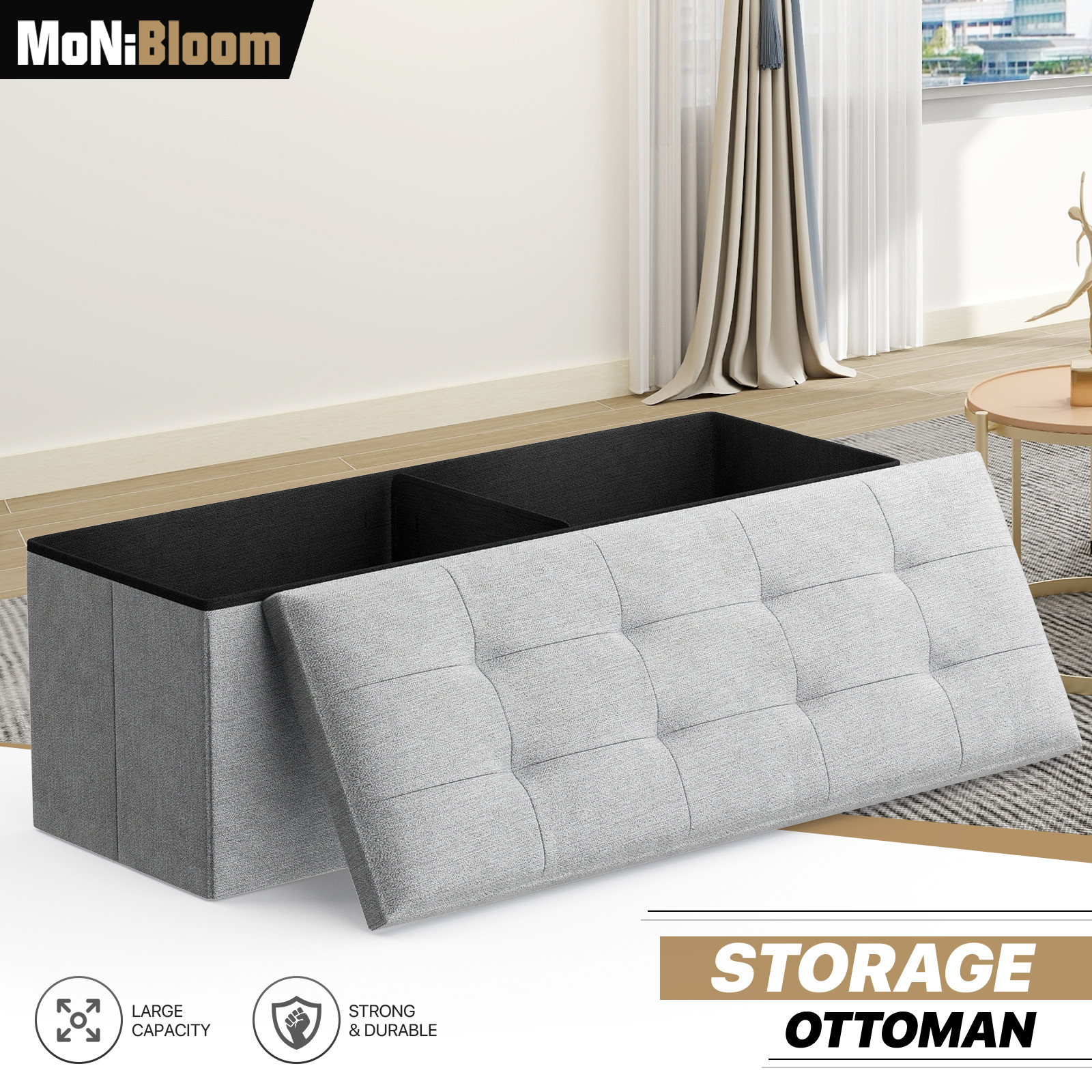 43" Light Gray 130L Storage Ottoman Foot Stool Folding Bench with Flipping Lid