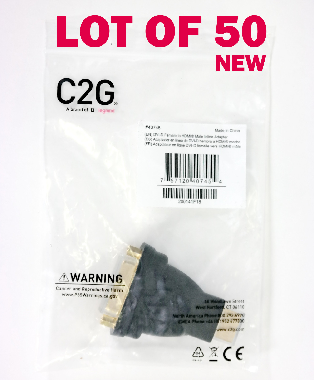Lot of 50 New C2G DVI-D Link Female to HDMI Male Adapter for LCD Monitor PC