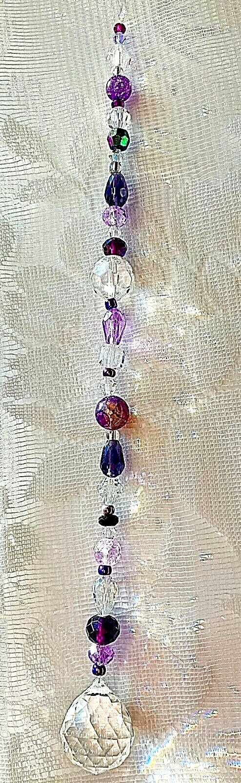 CRYSTAL BALL SUNCATCHER-PURPLE-CLEAR CRYSTAL-RAINBOWS-9"-HANDCRAFTED # 932