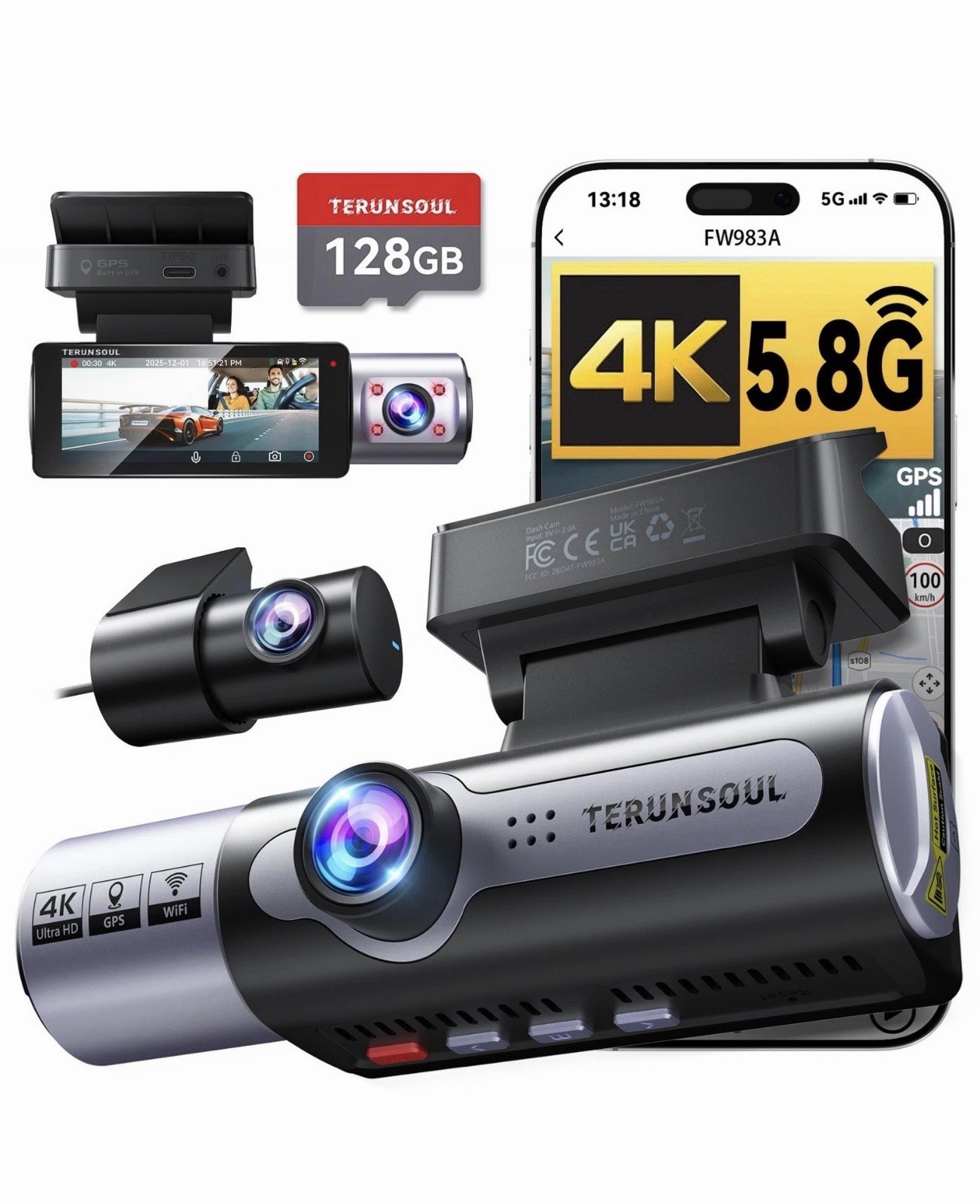 TERUNSOUl 4K Dash Cam Front and Rear, Full HD 3 Channel Dashcam, FACTORY SEALED