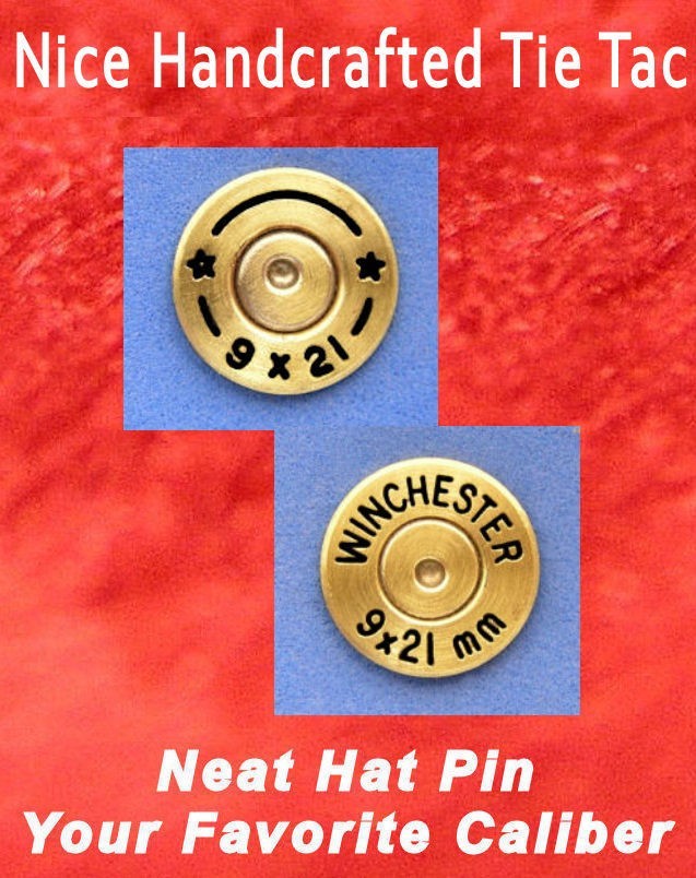 9 x 21 mm Brass Cartridge Head Hat Pin, Shooting Jacket Pin, Tie Tack.