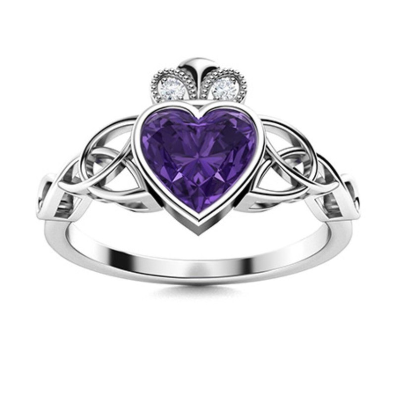 Sterling Silver Natural Amethyst Wedding Handmade Three-Stone Unique Ring