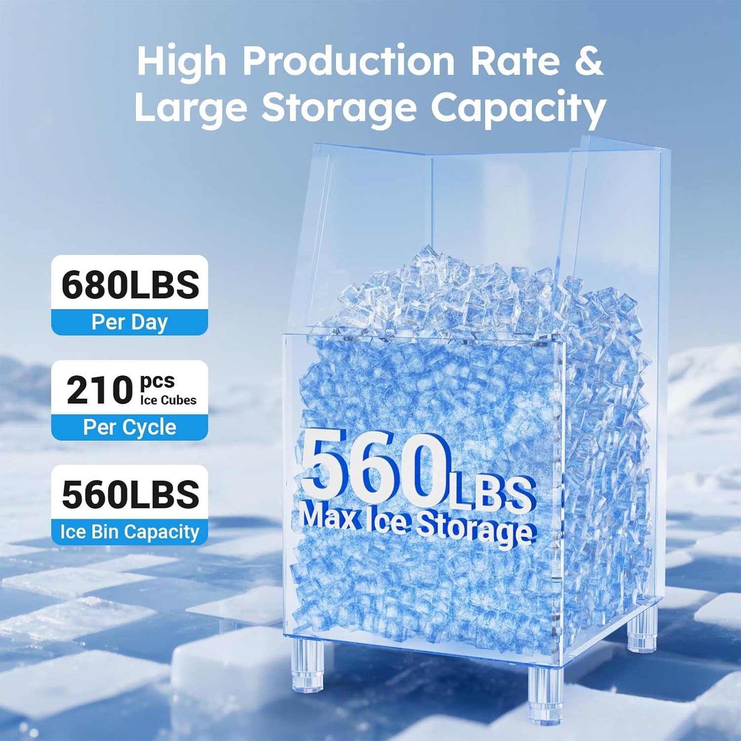 680lbs/24H Commercial Ice Maker Machine 1030W SECOP Compressor Large Storage Bin