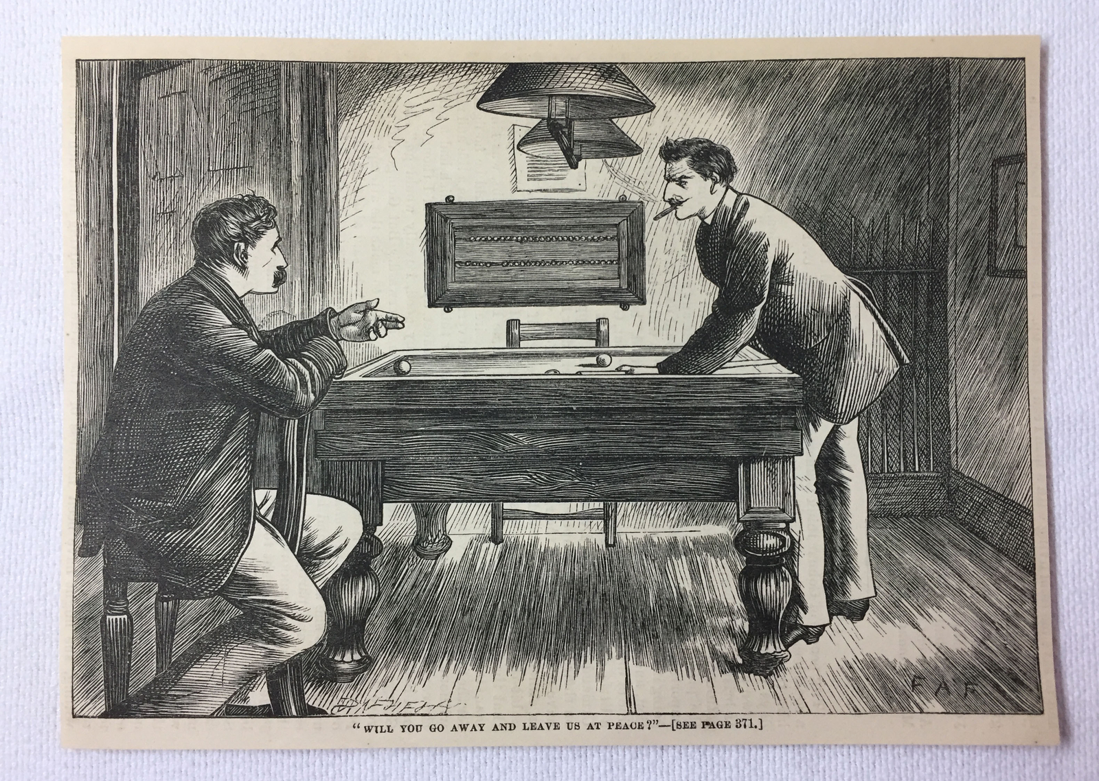 1872 magazine engraving ~ TWO MEN TALKING OVER A BILLIARDS TABLE