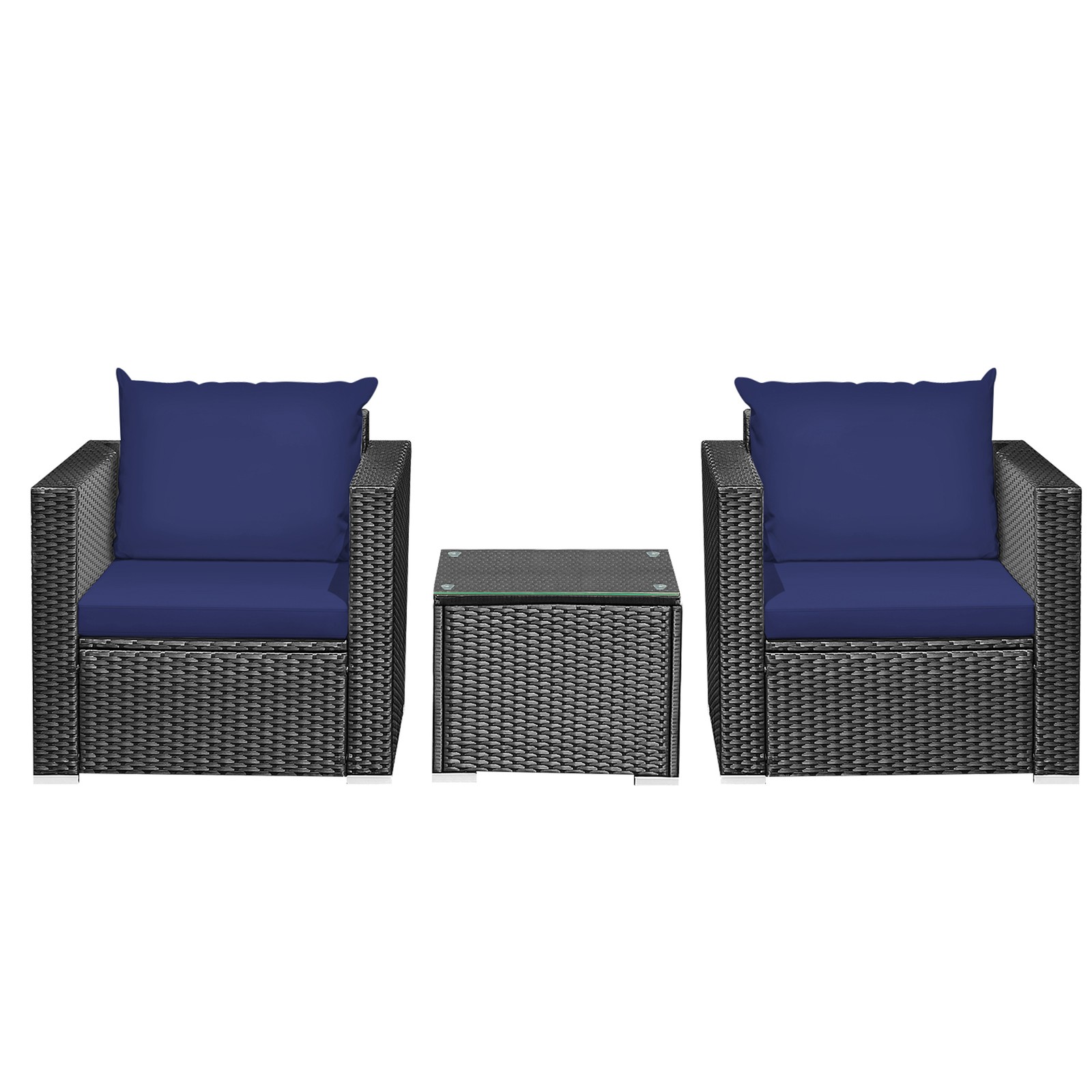 3PCS Rattan Patio Conversation Furniture Set Outdoor w/ Navy Cushions
