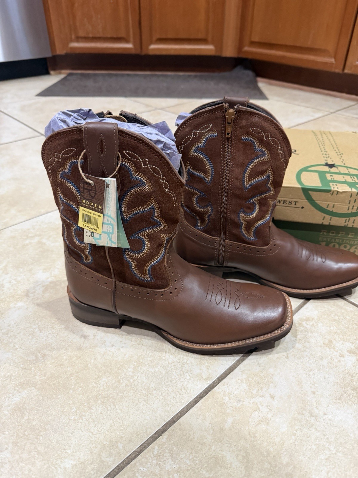 Roper Odessa Women’s Brown Leather Western Boots Square Toe Pull On Mid-Calf 7.5