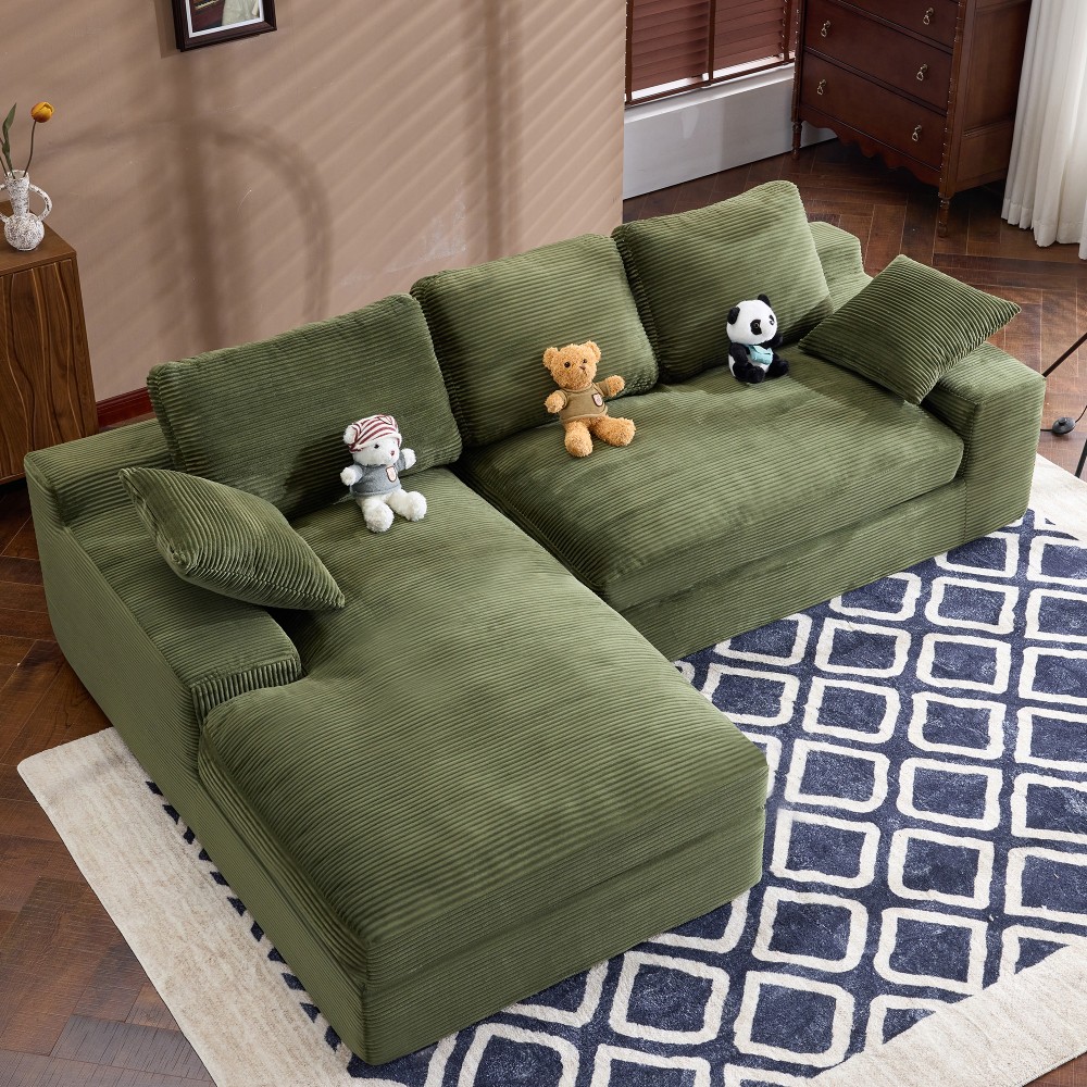 Green Corduroy Sofa w/ Back Cushions & Throw Pillows, Medium-Soft Foam Seat
