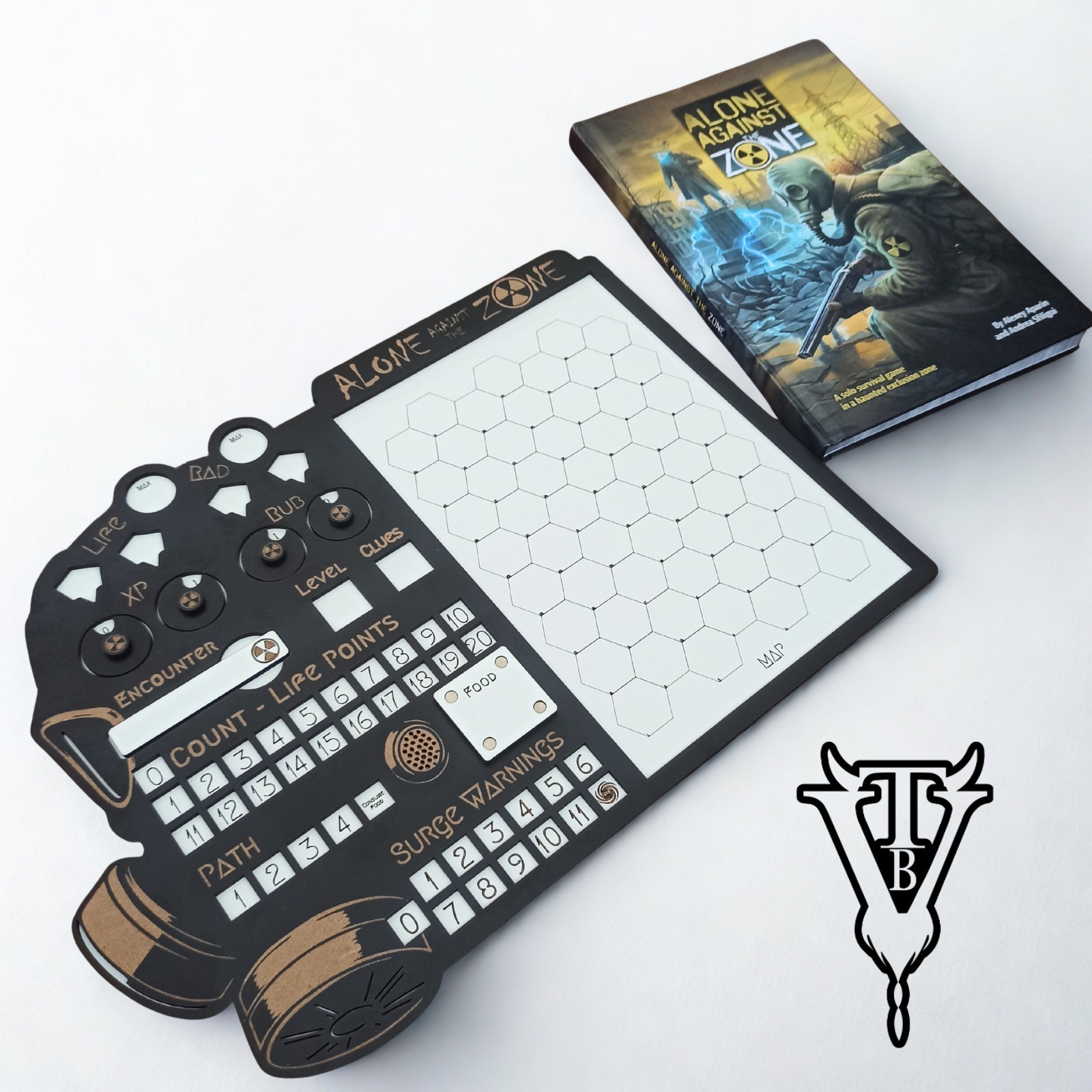Alone Against The Zone - Solo RPG Character Player Board - Hex-Crawl Zone Map