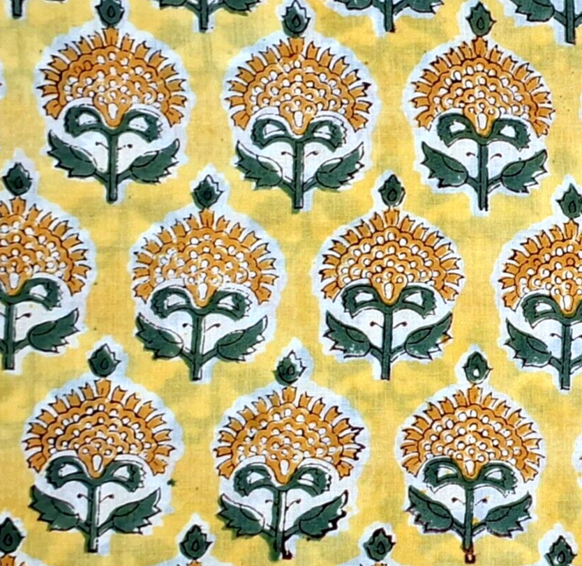 Yellow Orange By the Yard Indian Block Print Floral Fabric for Sewing Clothing