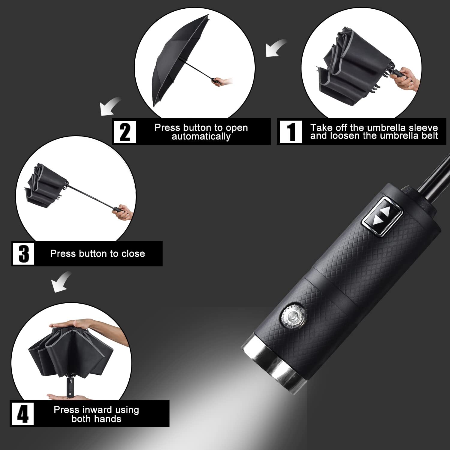 Folding Reverse LED Umbrella - Upside Down Reflective Umbrellas Compact Inverted