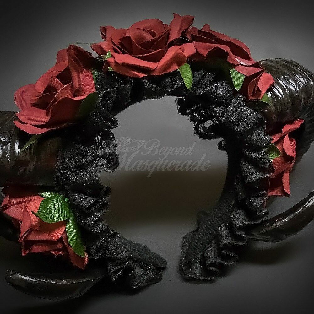 Ram Headband Black Horns Red Roses