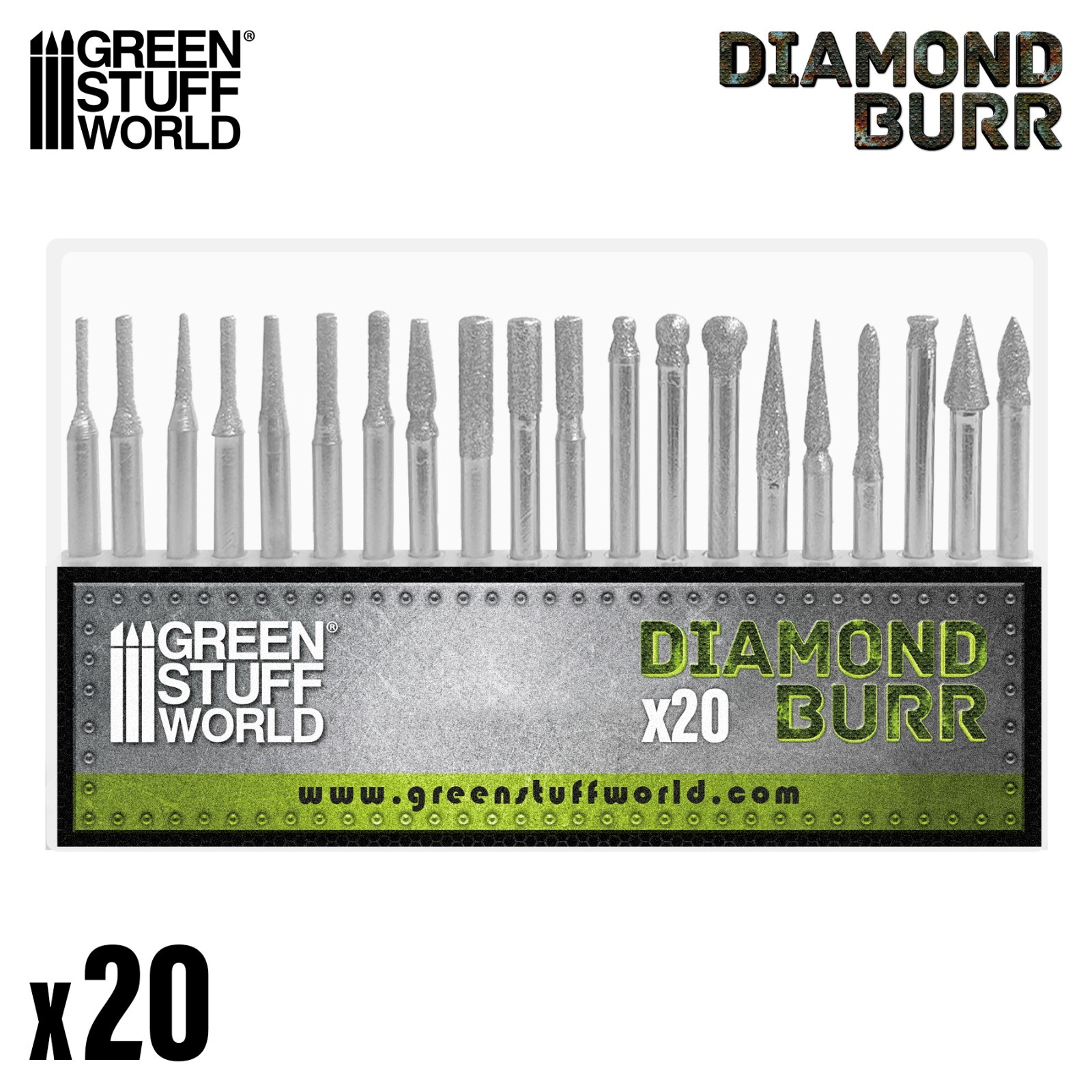 Diamond Burr Set with 20 tips in 3.2mm - for hobby hand drill, milling machine