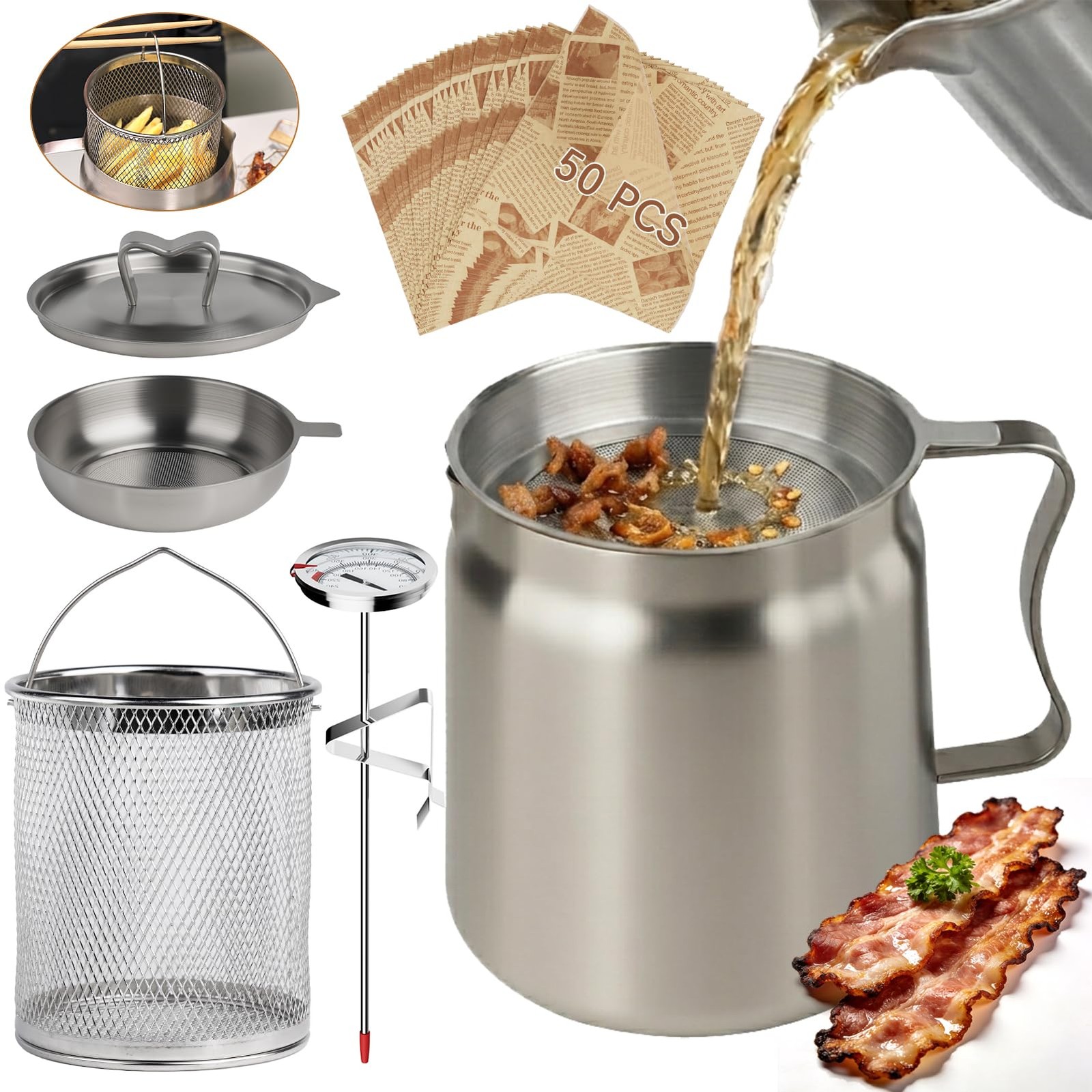 6 PCS 2L Oil Filter Pot Bacon Grease Saver with Strainer,68oz ‎Large, Silver