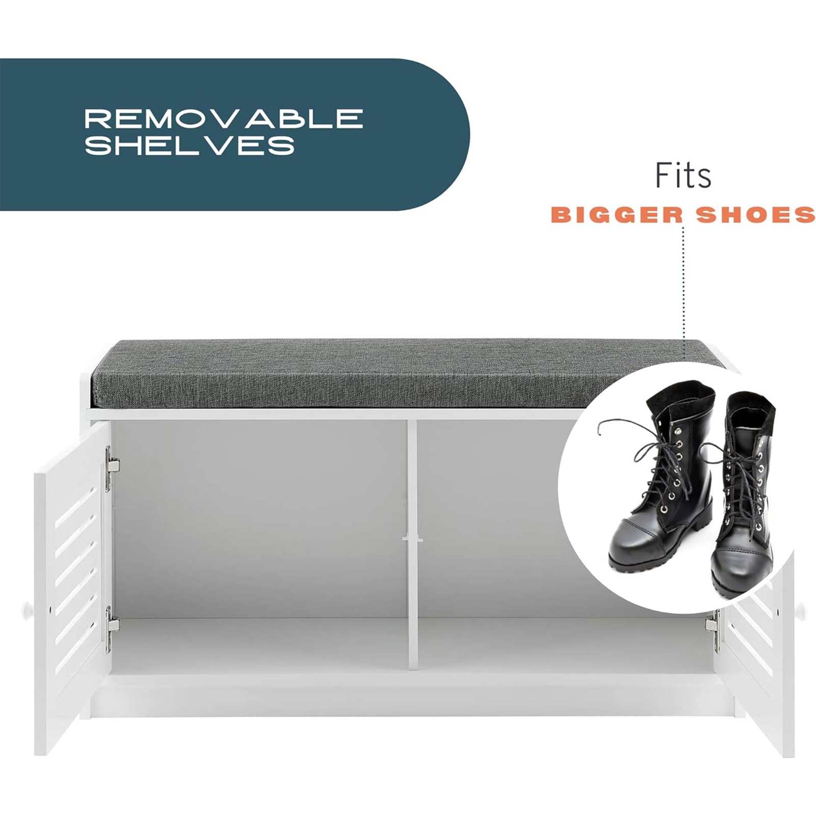 Shoe Storage Bench w/ Adjustable Shelves & Cushioned Seat, White (Open Box)
