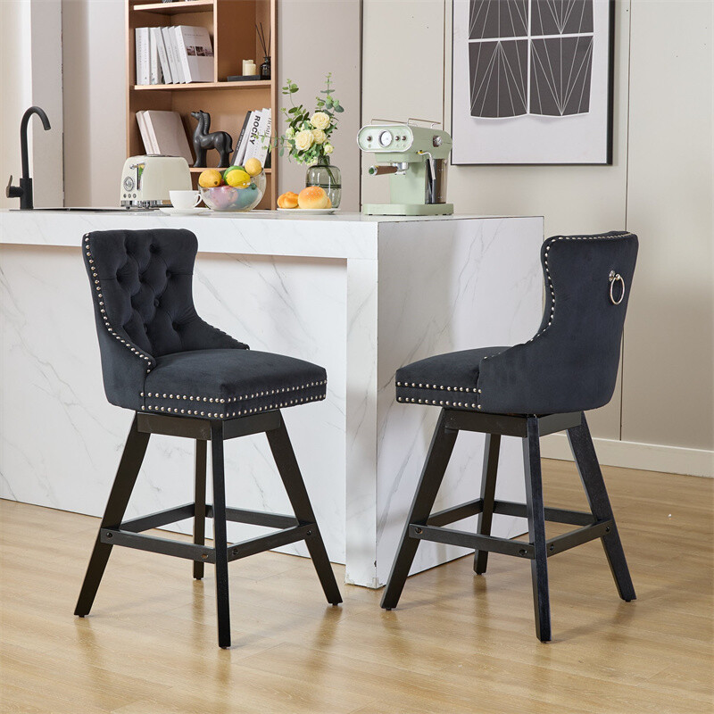 Set of 2 Swivel Velvet Barstools w/Button Tufted Decoration & Wooden Legs Black