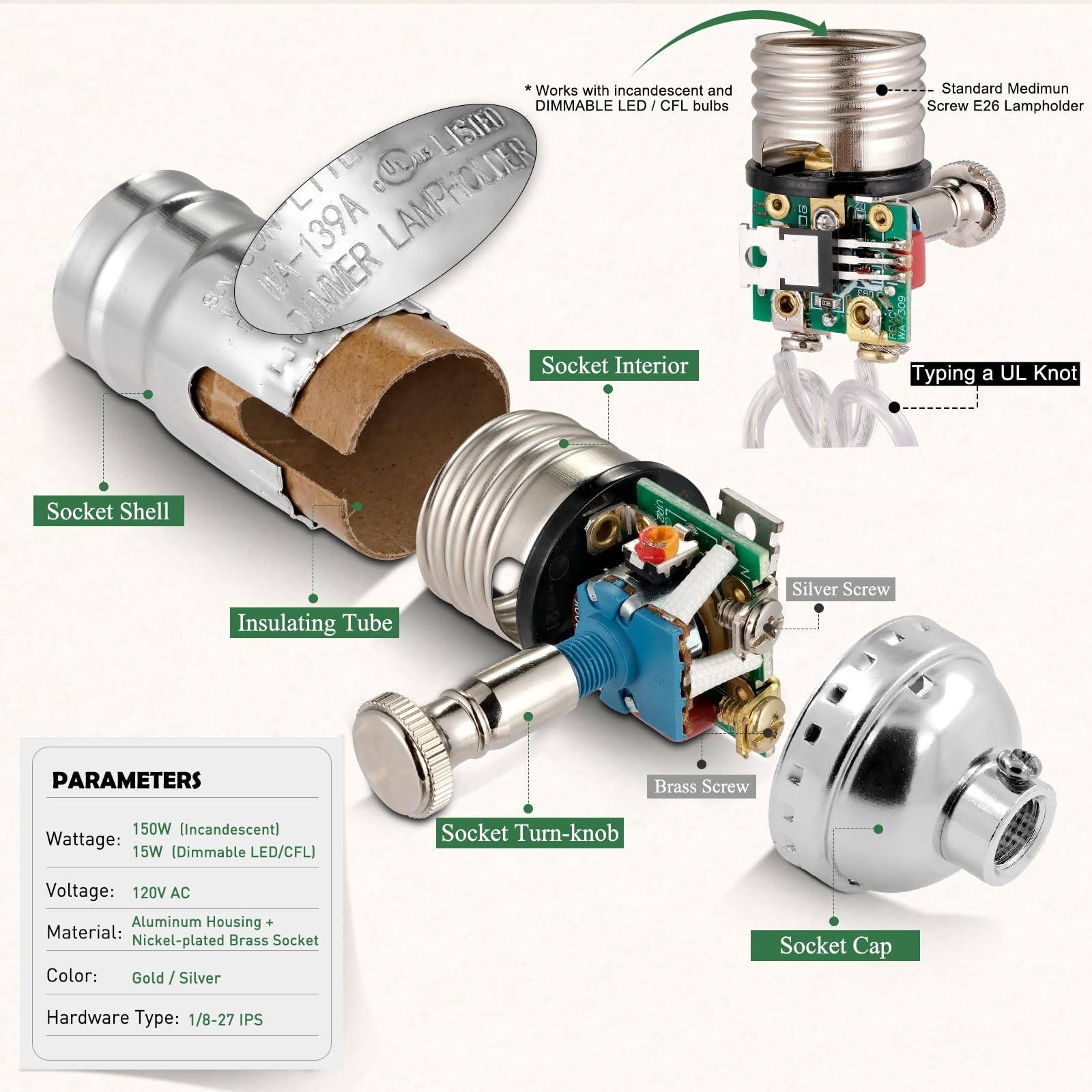 Full Range Dimmer Lamp Socket, Dimmable Lamp Switch Replacement, Vintage E26 ...