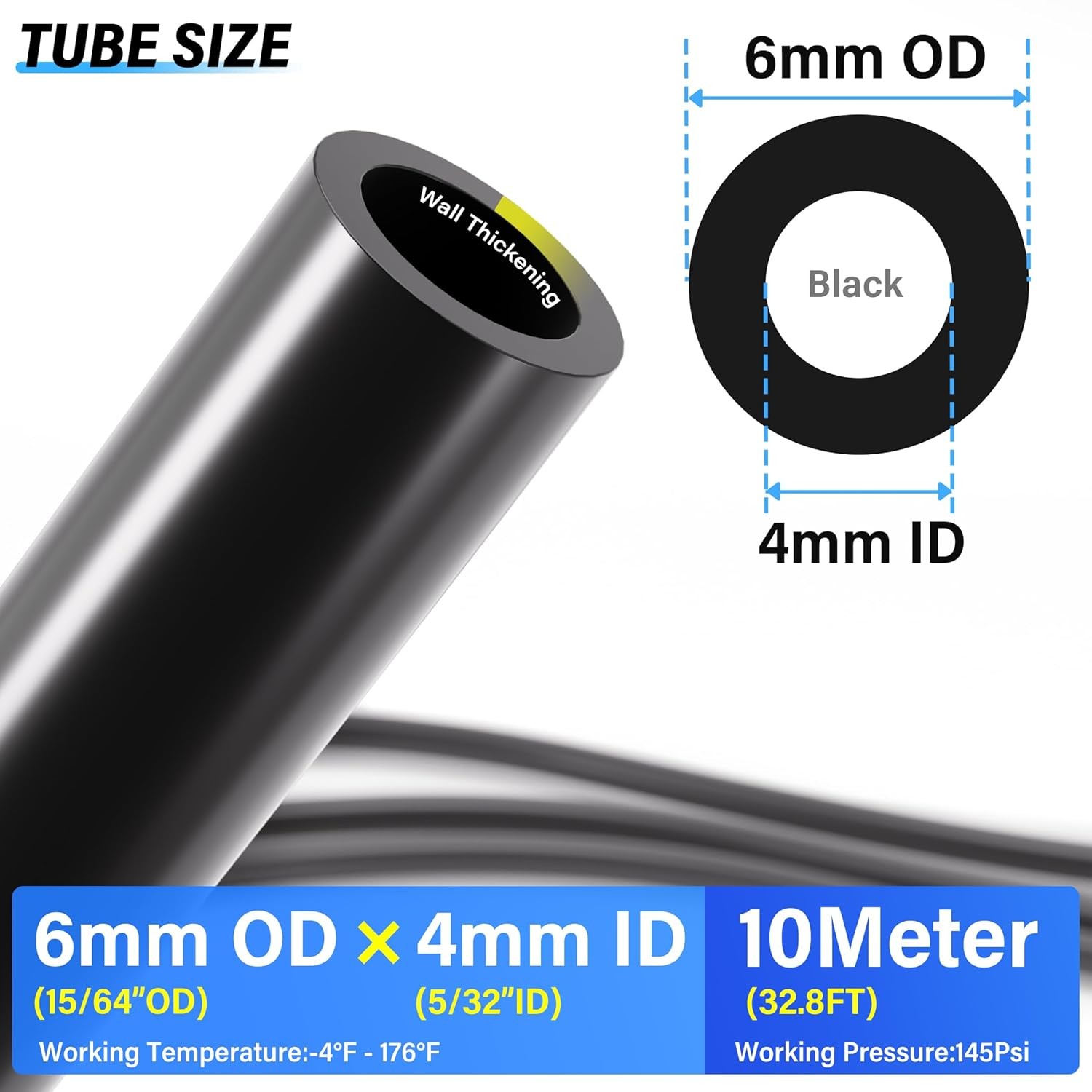 TAILONZ PNEUMATIC Air Line 6mm od Black Pneumatic Nylon 6mmOD 32.8FT,