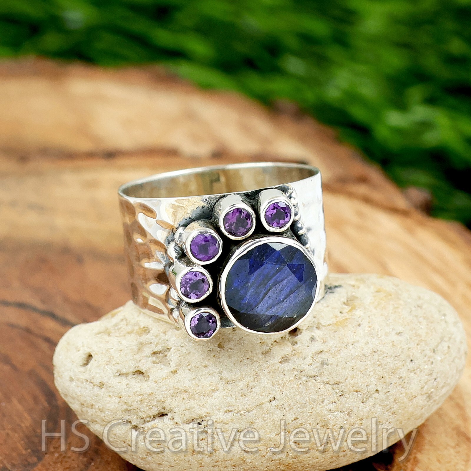 Labradorite & Amethyst 925 Sterling Silver Handmade Band Ring Jewelry for Women