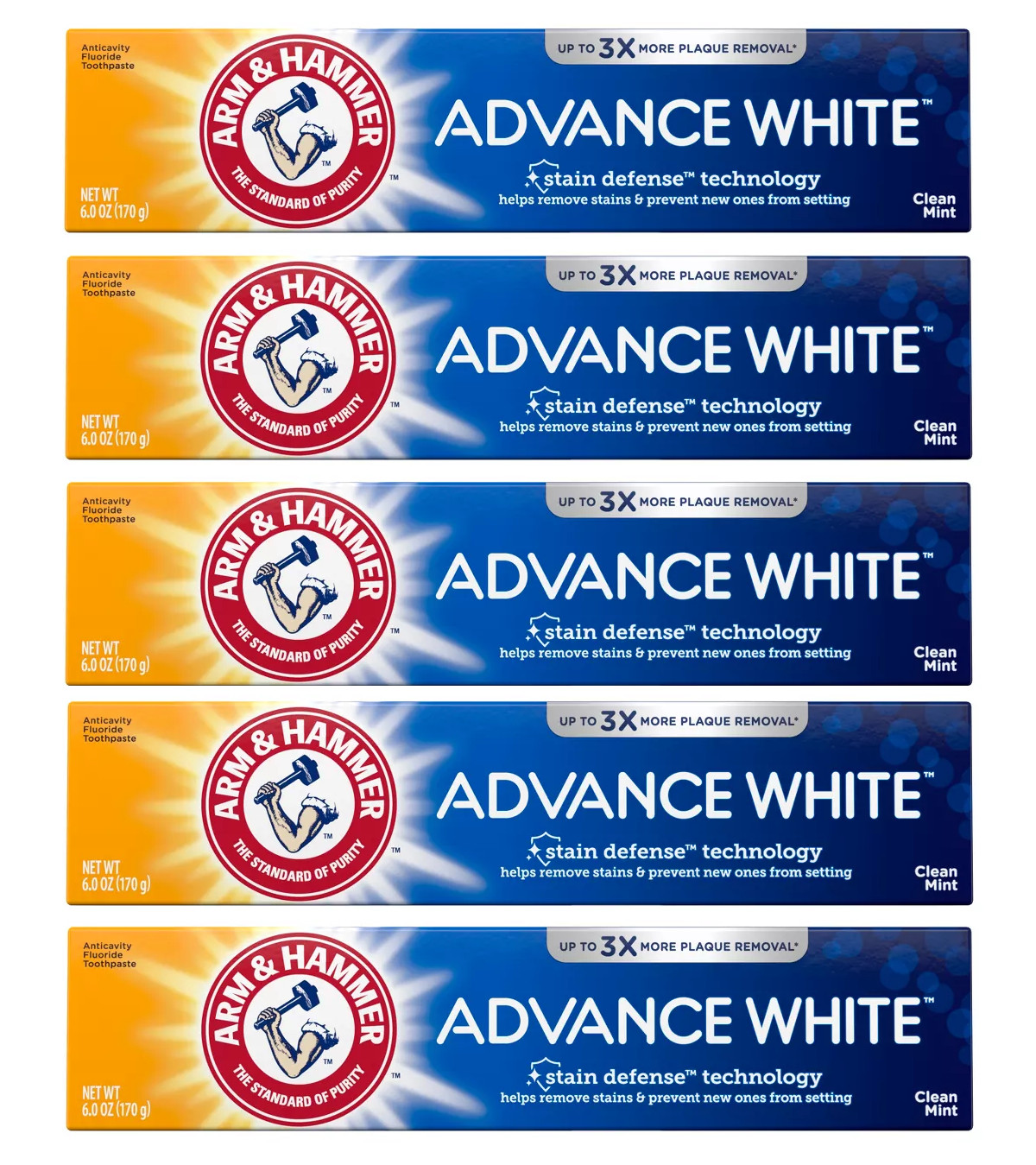Arm & Hammer Advance White Anticavity Fluoride Toothpaste, Mint, 6oz (pack of 5)