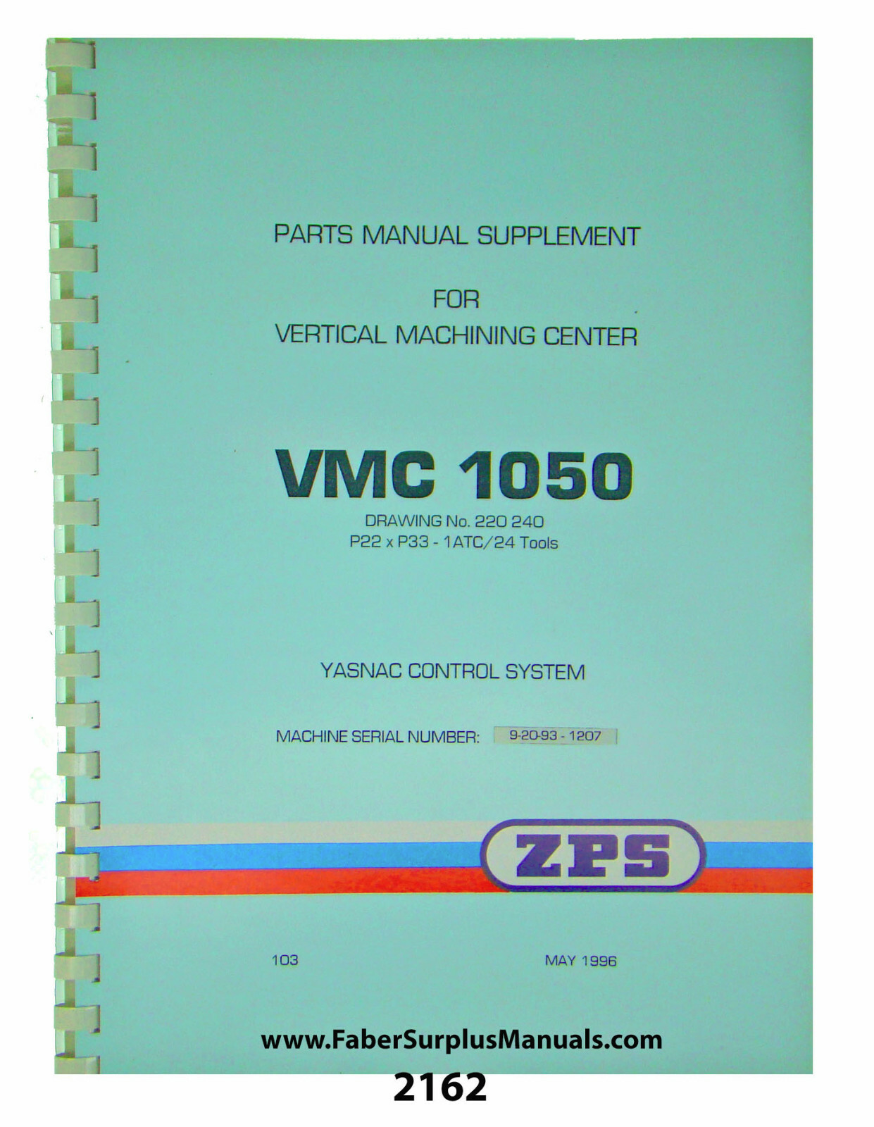 ZPS TAJMAC Vertical Machining Center VMC1050 Yasnac Parts Supplement Manual#2162