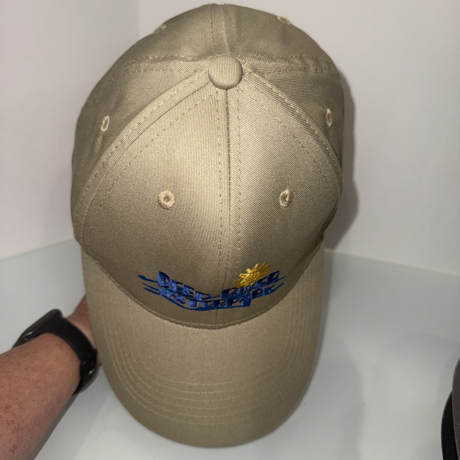 Deep River Waterpark Multicolor on Tan cotton Poly Hat Hook Loop EUC