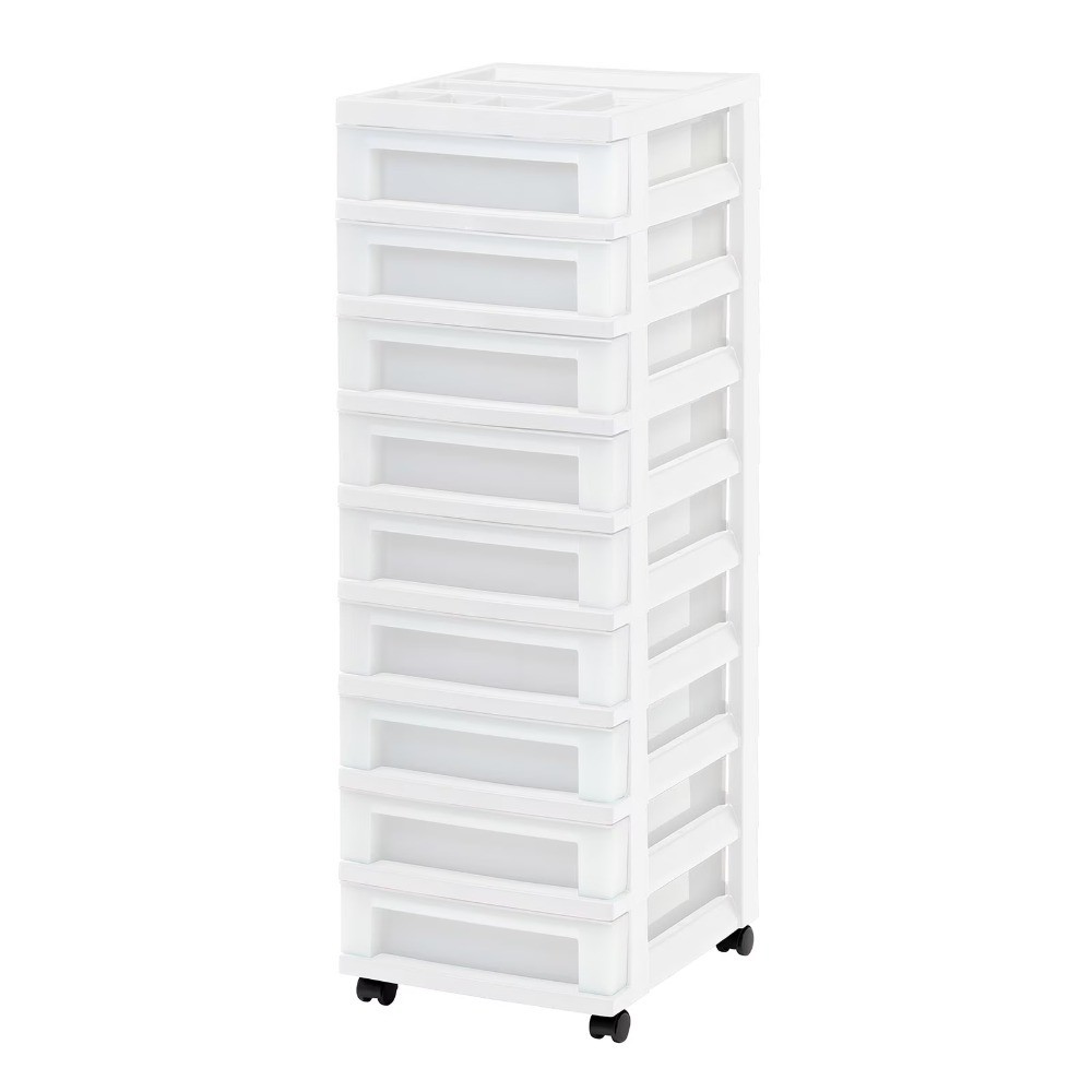 9-Drawer Plastic Storage Cart with Organizer Top, Narrow Rolling Utility Tower,