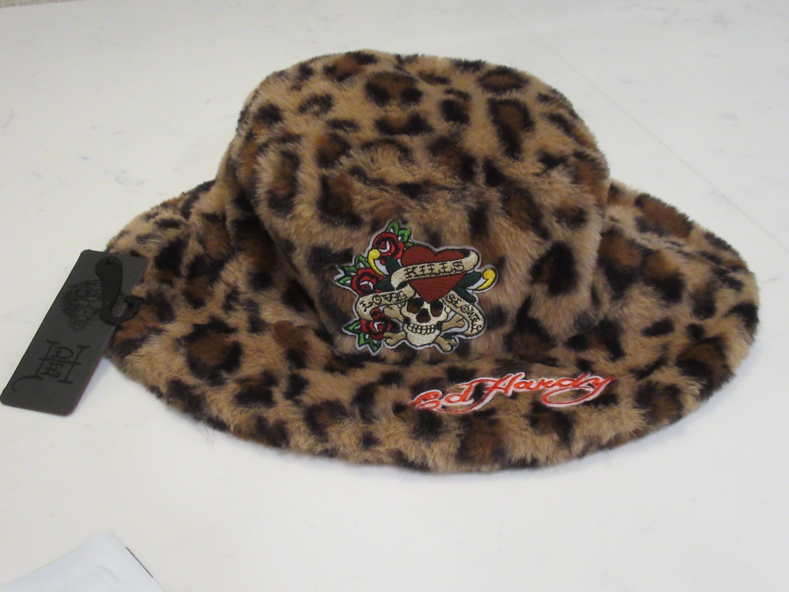 Ed Hardy Womens Faux Fur Bucket Hat Leopard Cheetah Print ~BRAND NEW WITH TAG~