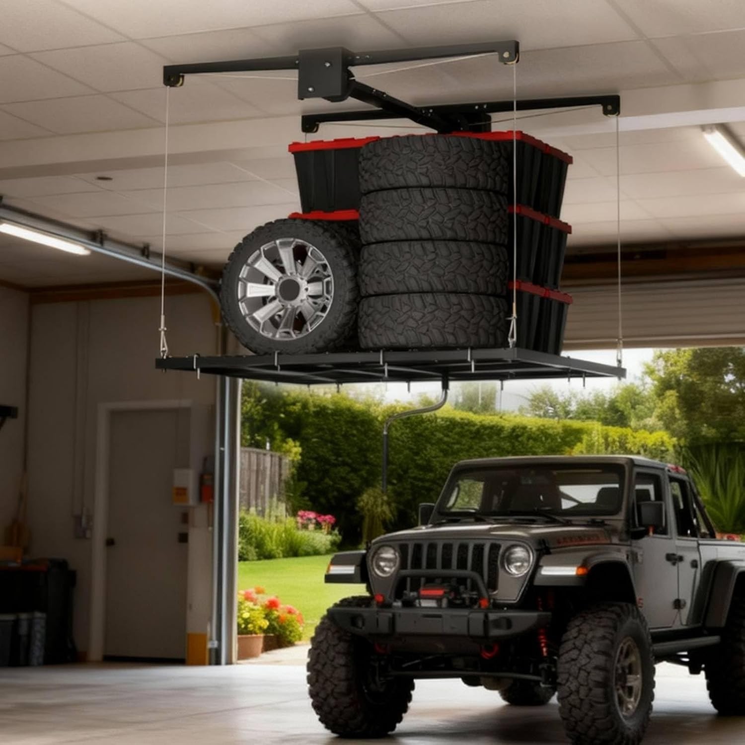 Garage Ceiling Storage Rack with 4x4ft Overhead Lift Storage Rack 350lbs
