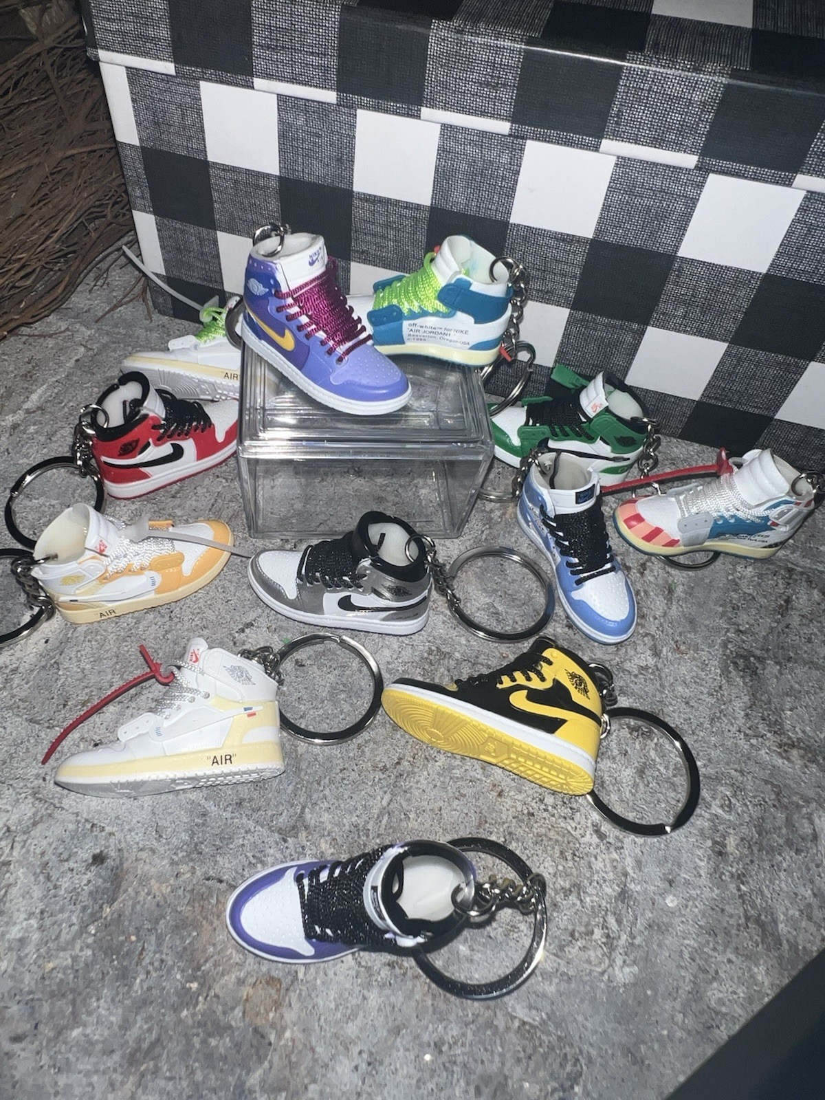 Mixed Lot. —4 Random—AJ1. Mini Shoe Keychain. Bookbag. Collectors. Miniatures.