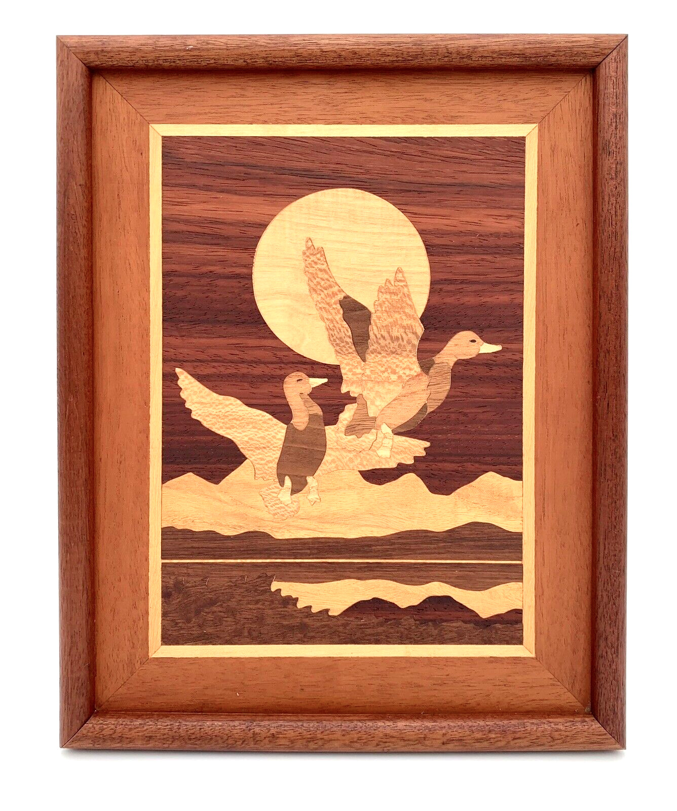 Vintage Marquetry Inlaid Wood Ducks By R. Kitchens and M. Lancey Farmingdale NY