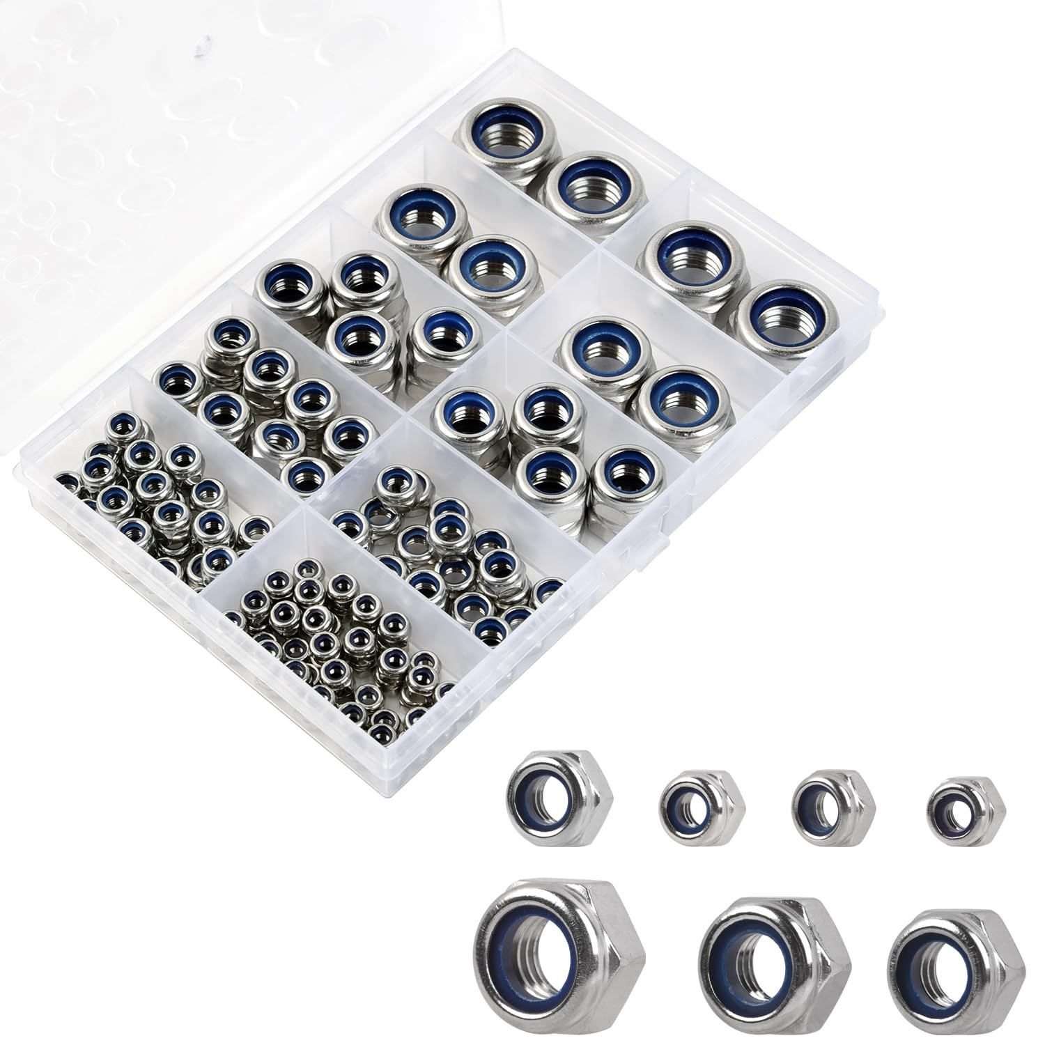 Locknuts Assortment Kit - M3 M4 M5 M6 M8 M10 Assorted Metric(140PCS), Silver