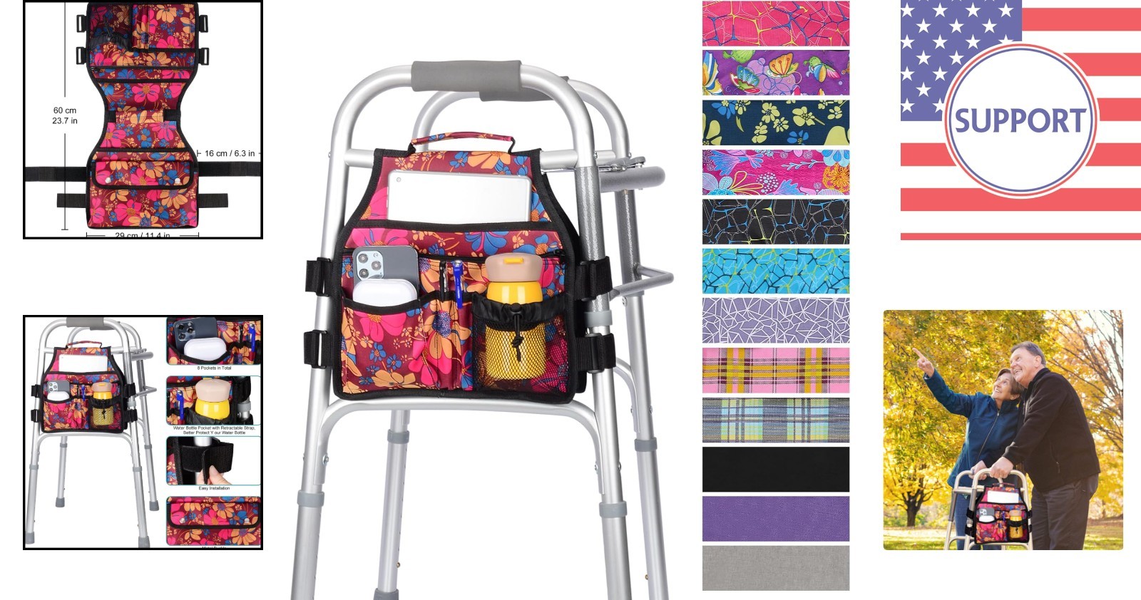 Multifunctional Walker Accessories Bag with 8 Pockets & Cup Holder for Elders