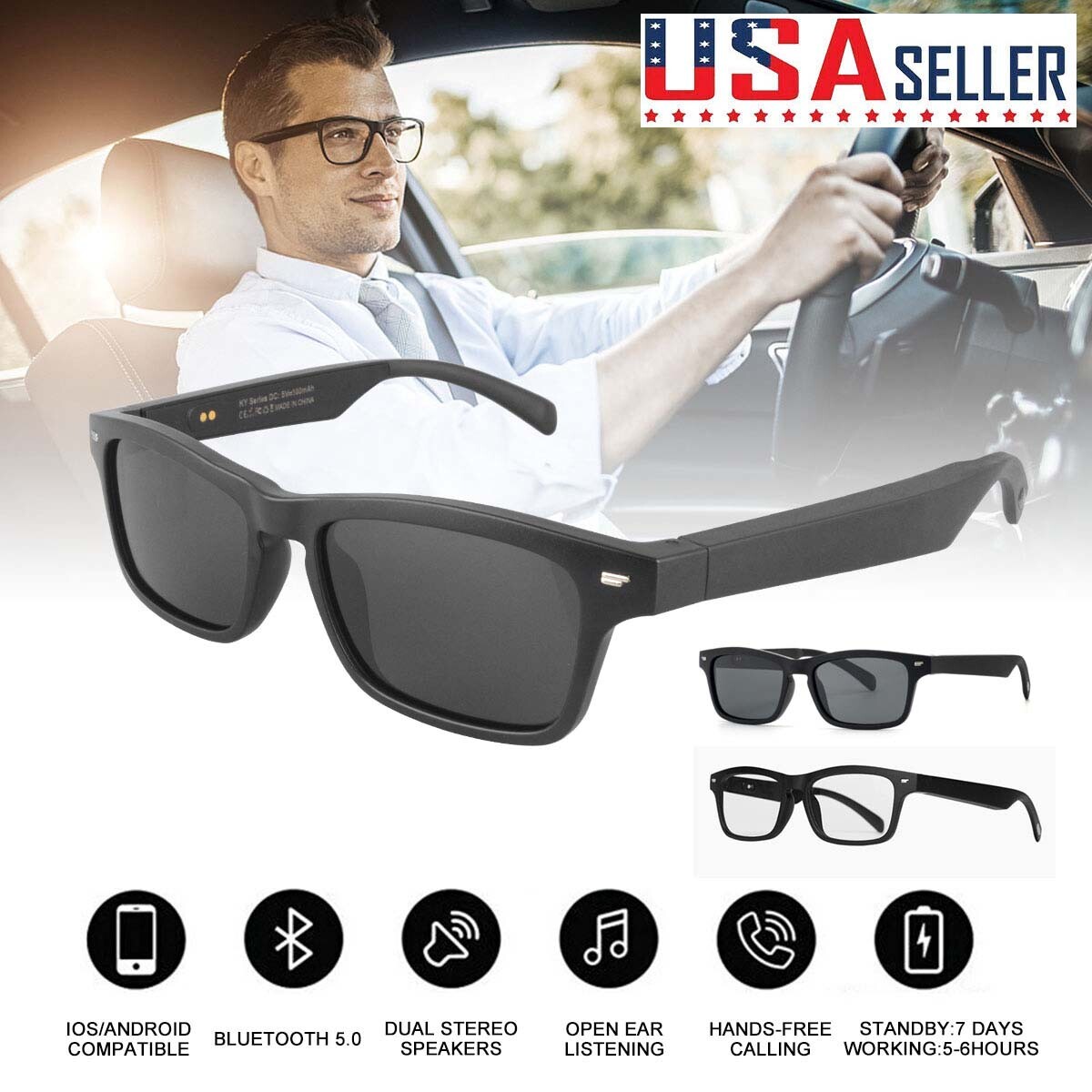 Polarized Smart Glasses Bluetooth 5.0 Headset Sunglasses Music Stereo Calling US