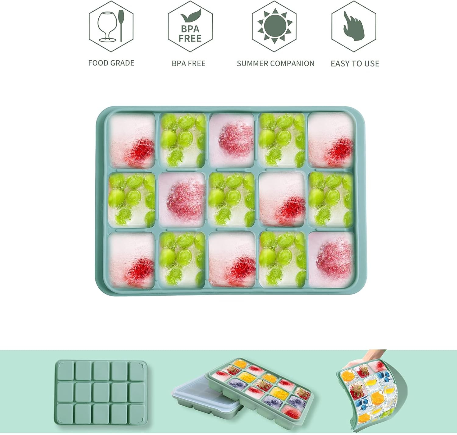 Ice Cube Trays Set of 2, 15-Cube Silicone Molds with Removable Lids | Stackable,
