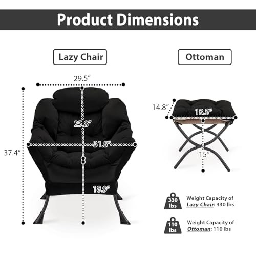 Lazy Chair with Folding Ottoman, Accent Chair Velvet Upholstered with Black-f