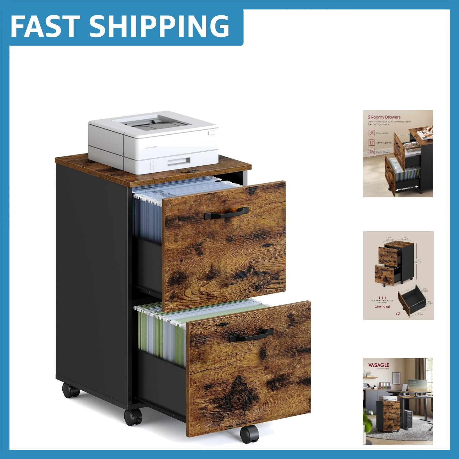 Rustic Brown 2-Drawer File Cabinet with Rolling Casters for Home Office Elegance