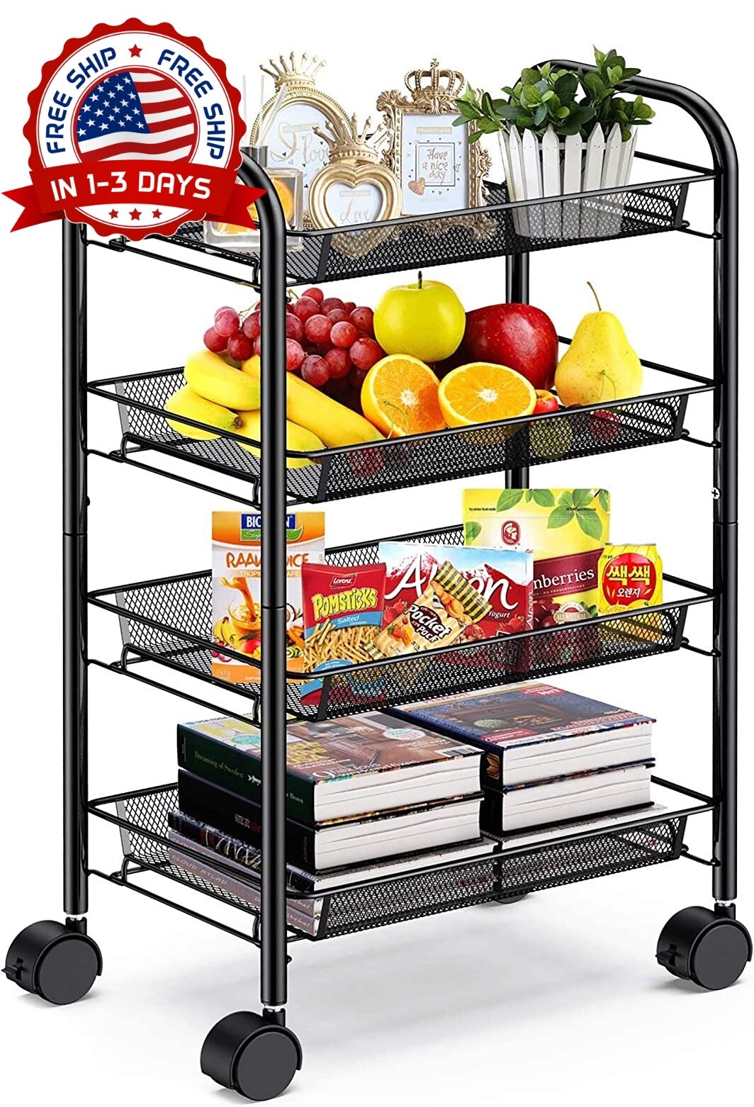 Carro Carrito De Cocina Para Frutas Frutero Con Ruedas 4 Estantes Calidad Super