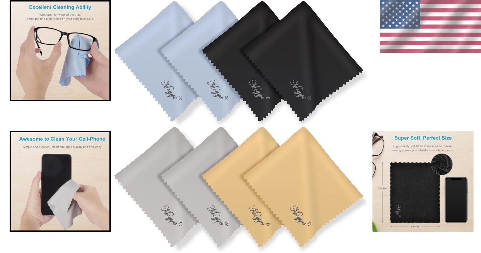 Multi-Purpose Eyeglass & Screen Cleaning Cloths - 8 PCS, 6x7 in, Assorted Colors