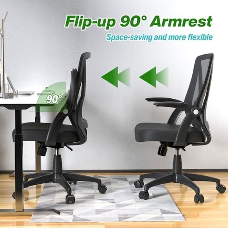 Ergonomic Home Office Computer Desk Chair with Flip Up Arms Lumbar Support Black
