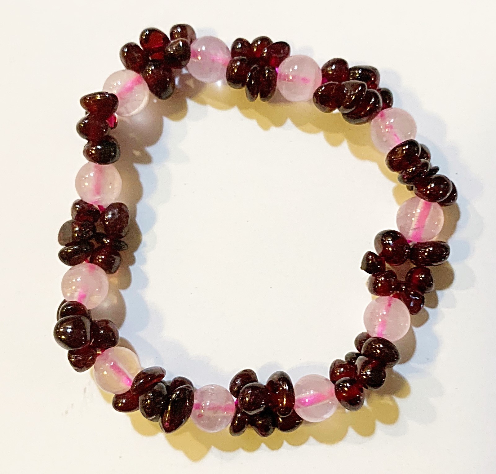 Stretchy Chip Bracelet in Red Garnet Smooth Nugget and Pink Quartz Crystal Beads