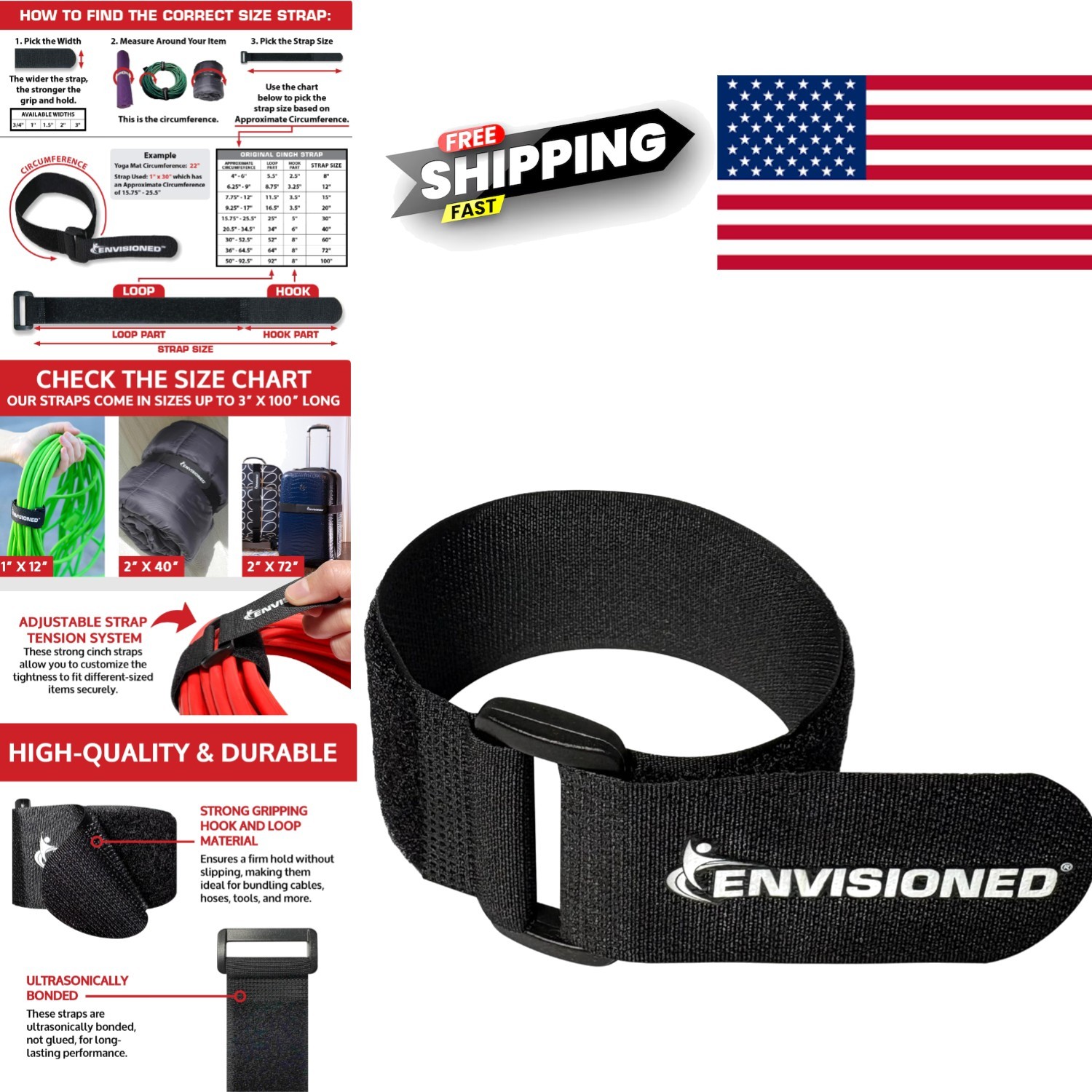 Weather Resistant Hook and Loop Straps 2 Inch x 30 Inch Black for Indoor Outdoor