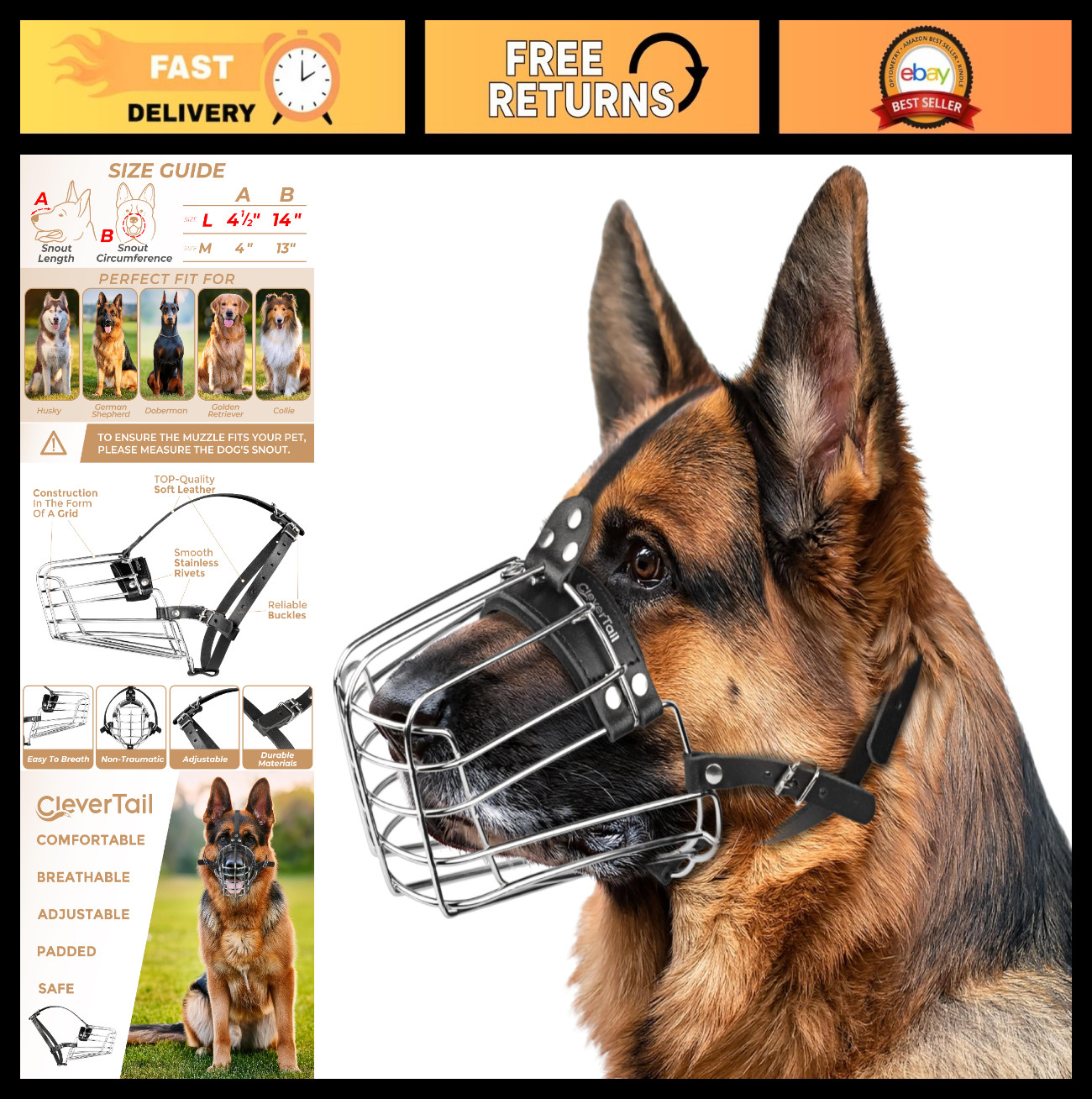 Large Dog Muzzle - Metal Basket Muzzle for German Shepherd, Husky, Malinois - St