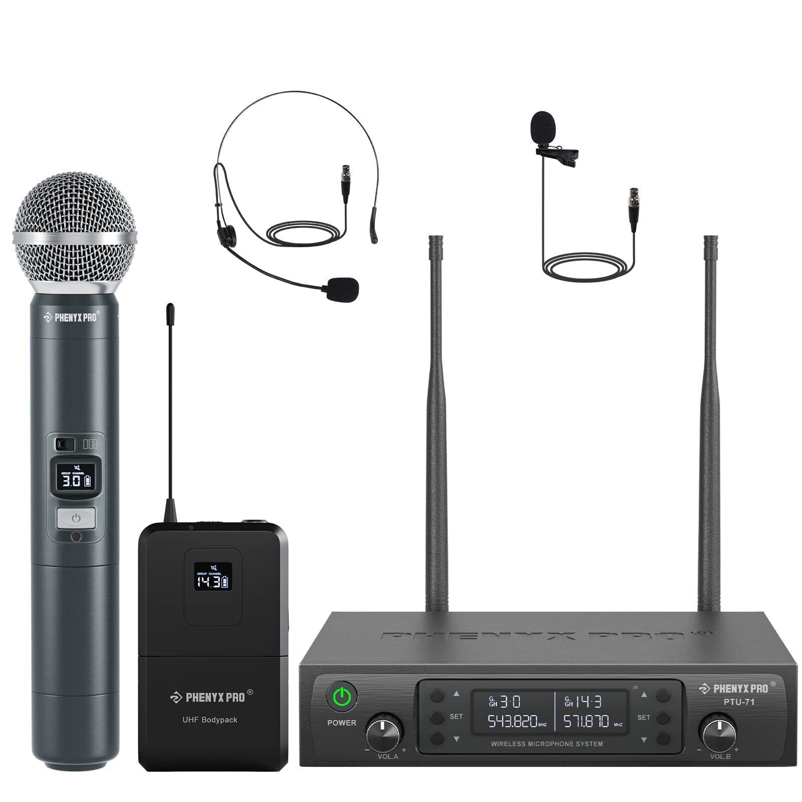 Wireless Microphone System, Dual Mic Set with Handheld/Bodypack/Lapel Mics