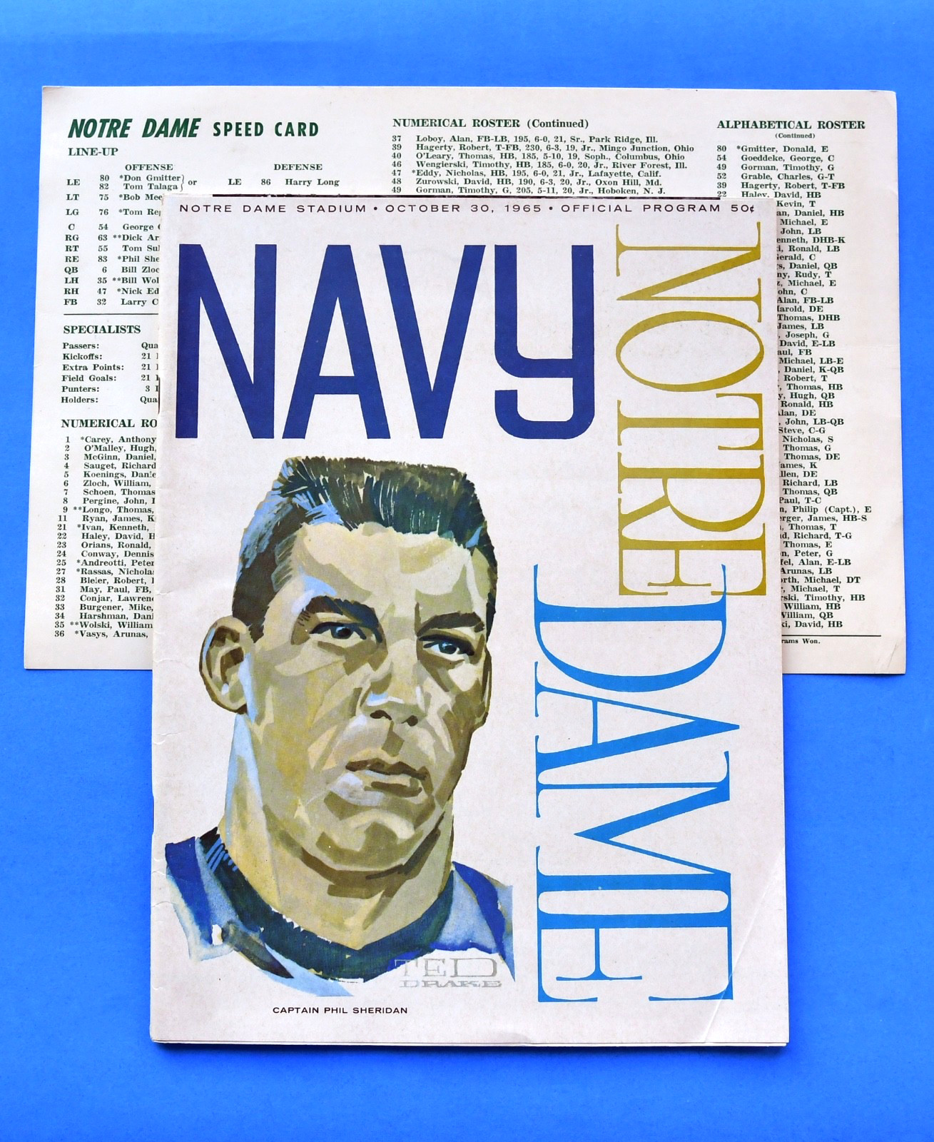 1965 Notre Dame Fighting Irish Football Program. Navy. Alan Page. Speed Sheet.