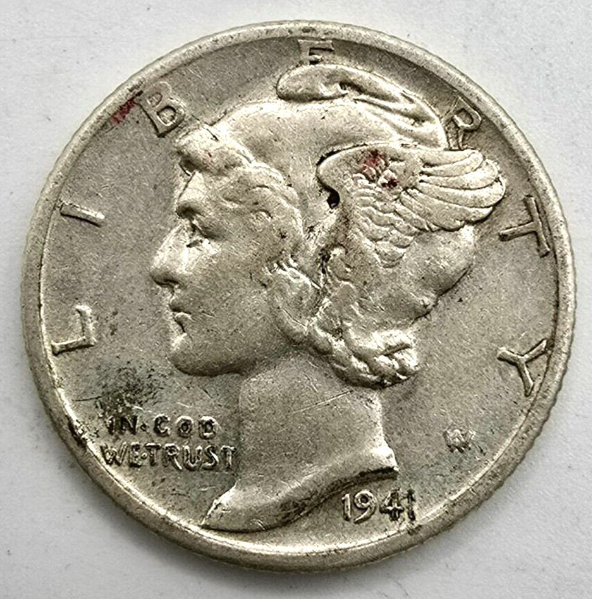 1941 S Mercury Dime FS 801 DDR 001 AU 90% Silver Mint Error Double Die Cherry