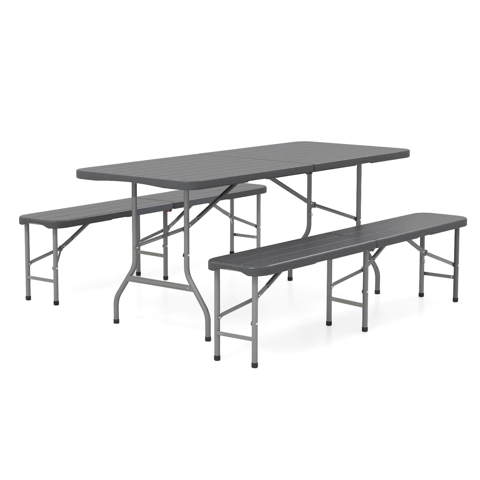 3 PCS Folding Picnic Table Set w/ 6 ft Table & 2 Benches HDPE Wood-Like Tabletop