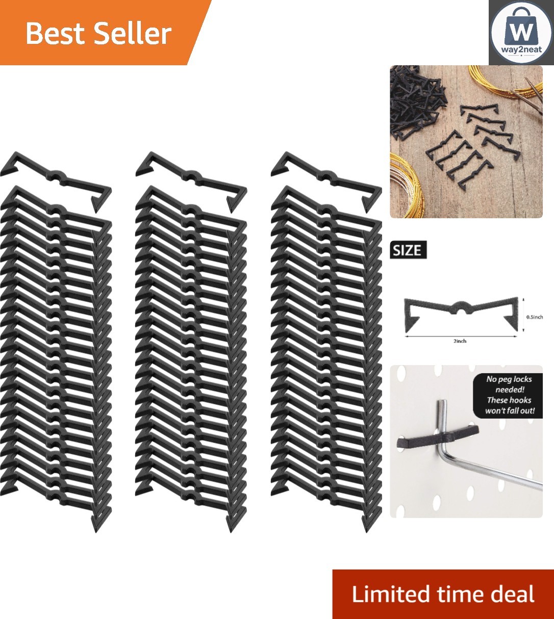 Set of 200 Durable Black Plastic Pegboard Clips - Easy Install & Adjustable